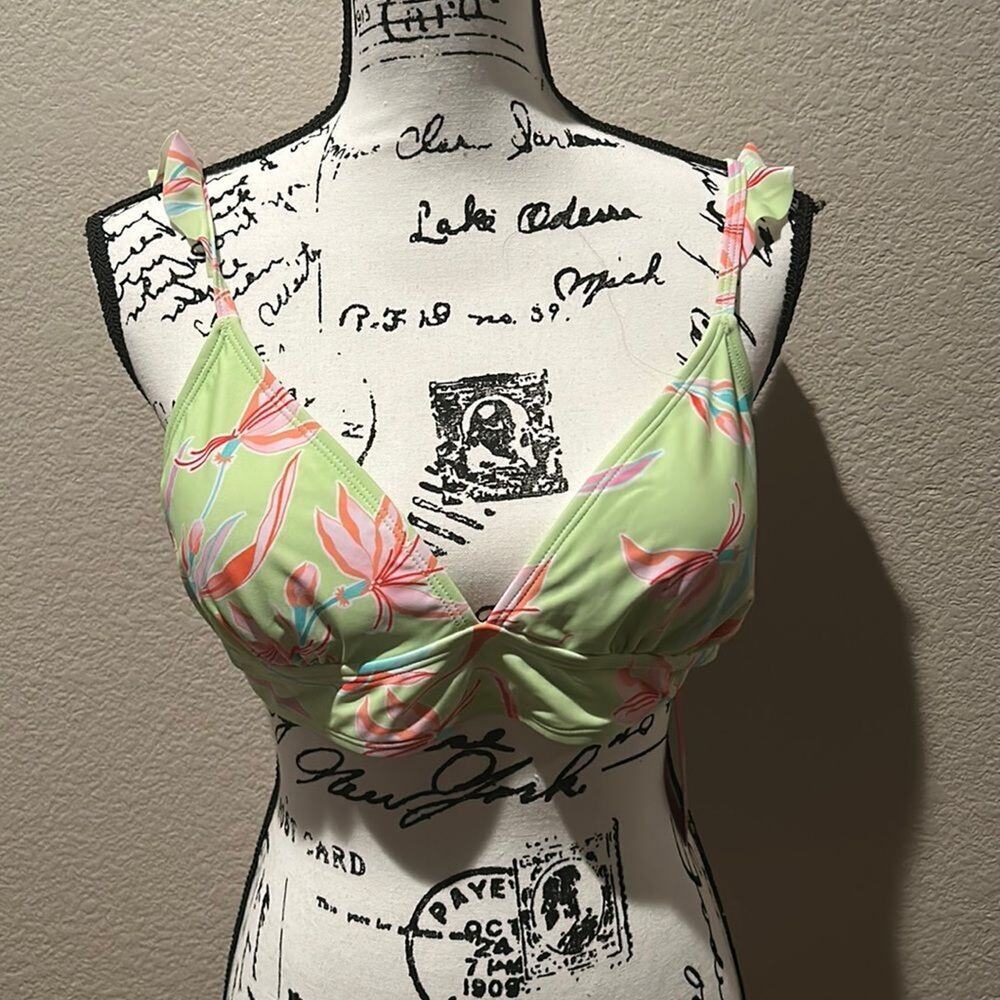 NWT Ninety-Nine ruffled strap green floral bikini top sz  XL